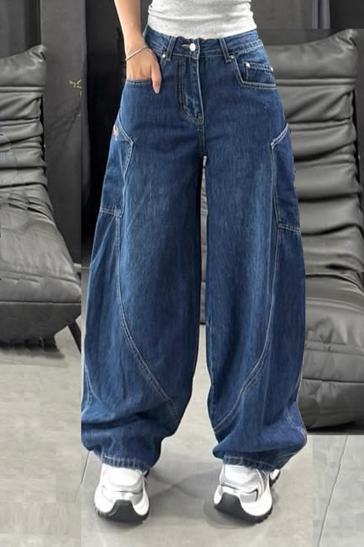 Y2k Yandan Cep Ön Yan Dikiş Detay Bol Paça Mavi Baggy Jean