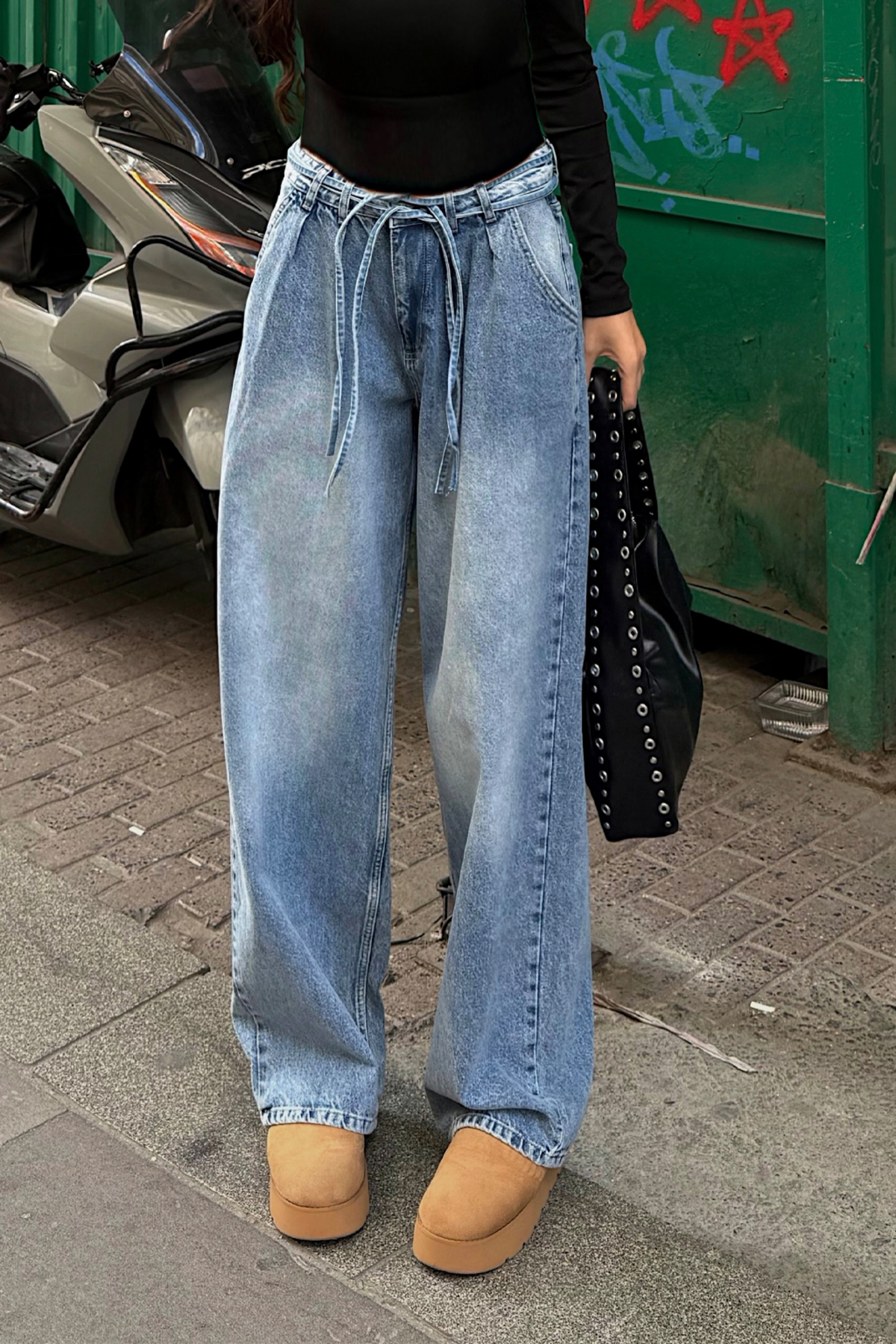 UniseX Pileli Bel Ayarlanabilir Bel Bağcıklı Baggy Jean