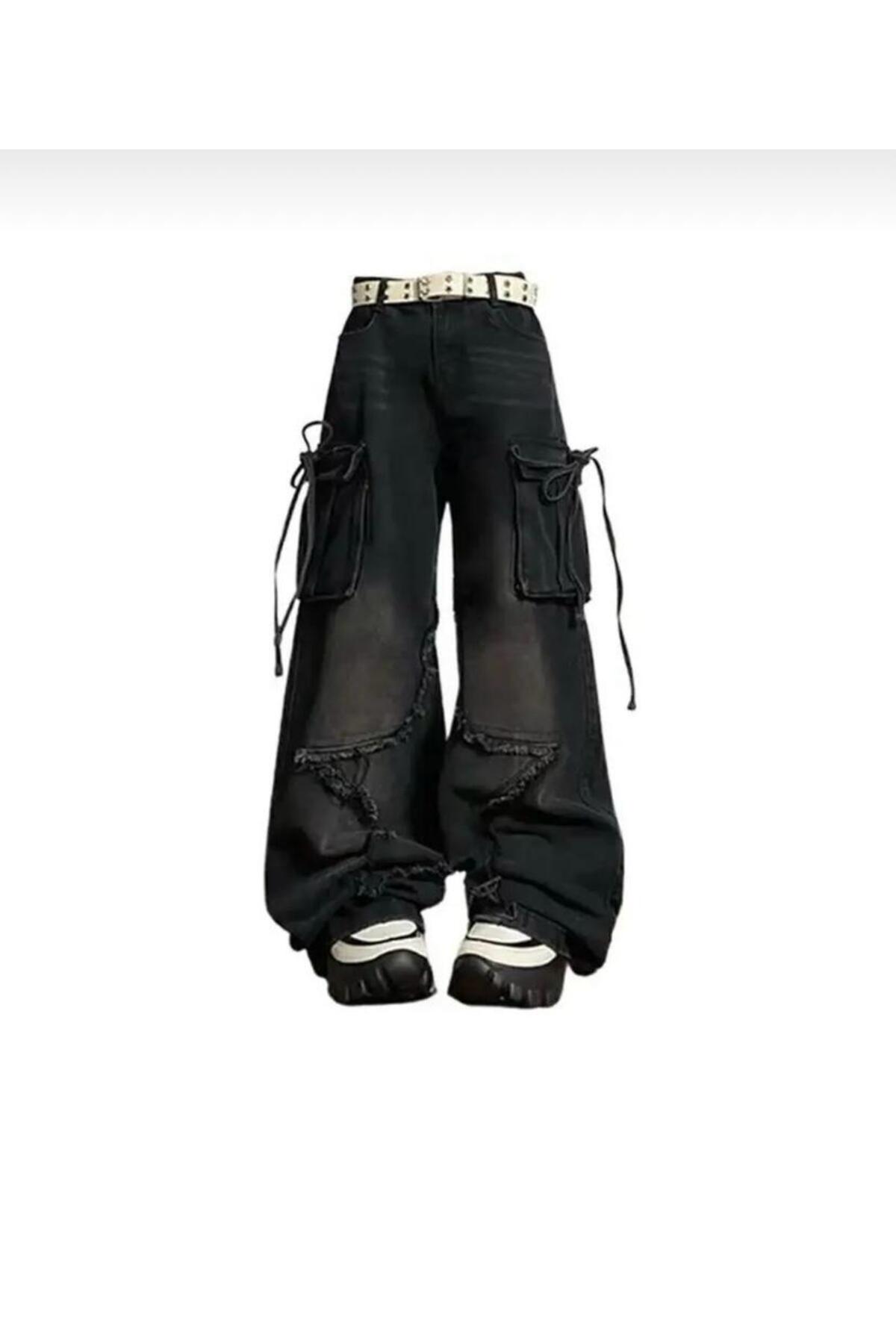 Y2K Vintage Wide Leg Jean Bol Paça Kot Pantolon Cep İp Detay