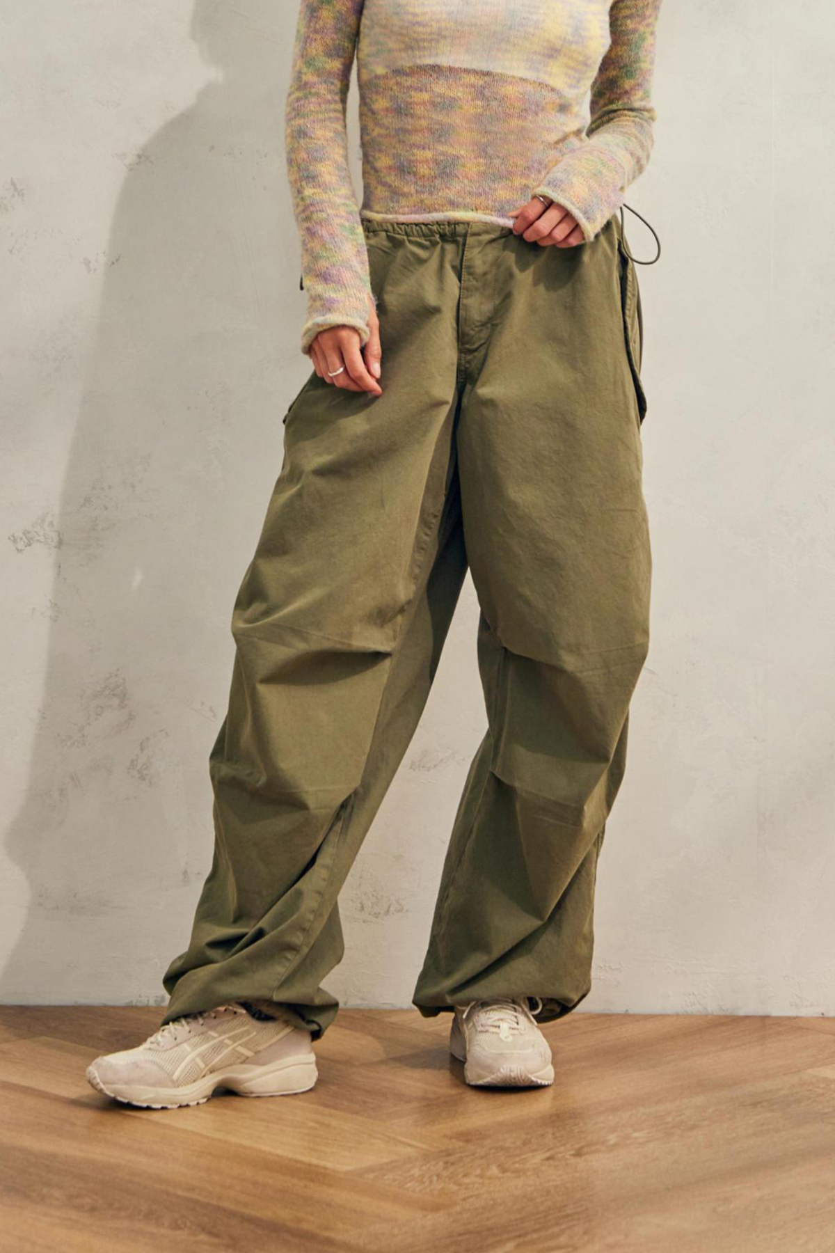Unisex Haki Oversize Tactical Paraşüt Kumaş Jogger Ayarlanabilir Bel Paça Stoperli Lastikli Pantolon