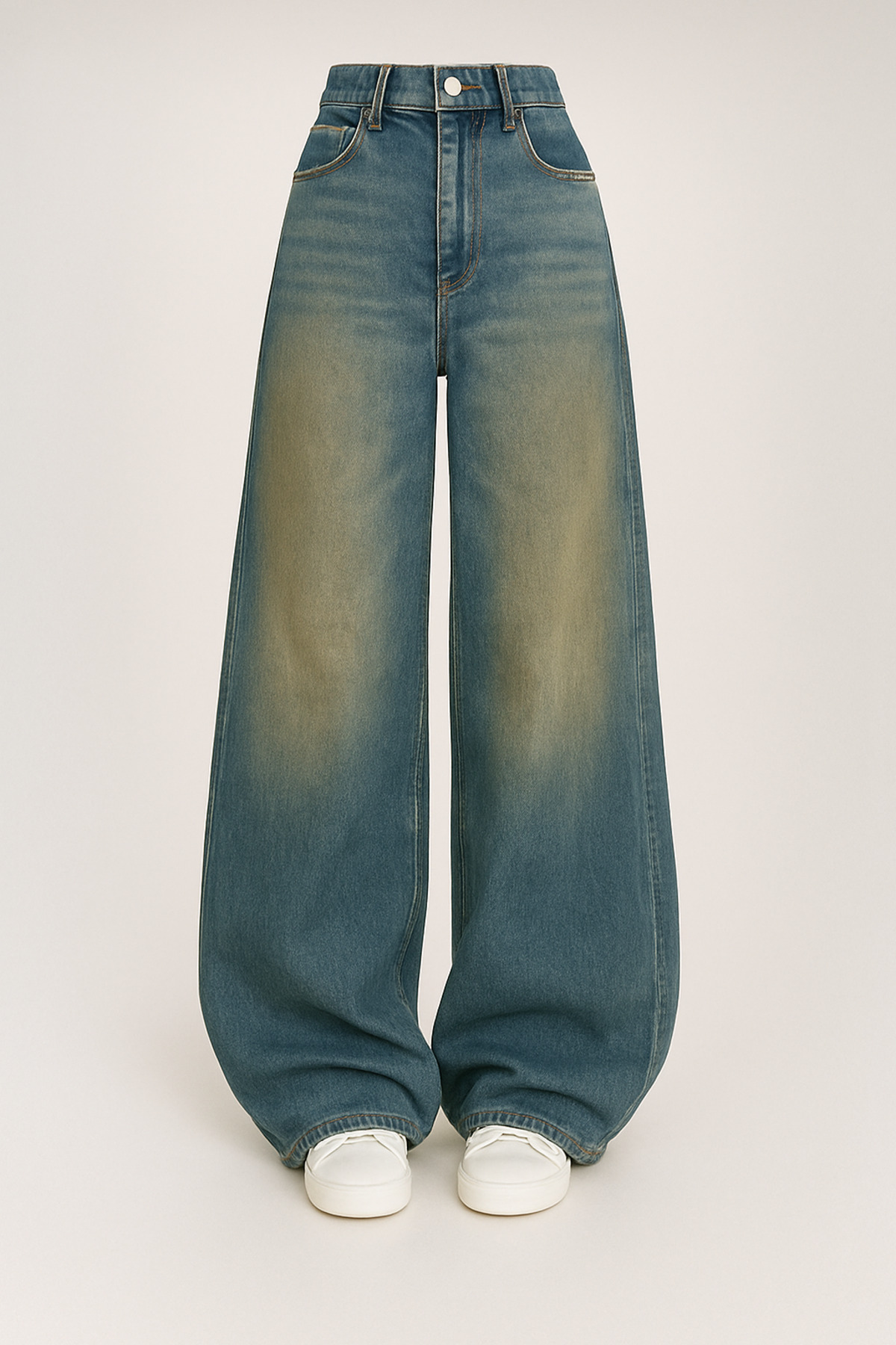 Yeşil Vintage Yıkamalı Bol Paça Baggy Jean Pantolon Rotro