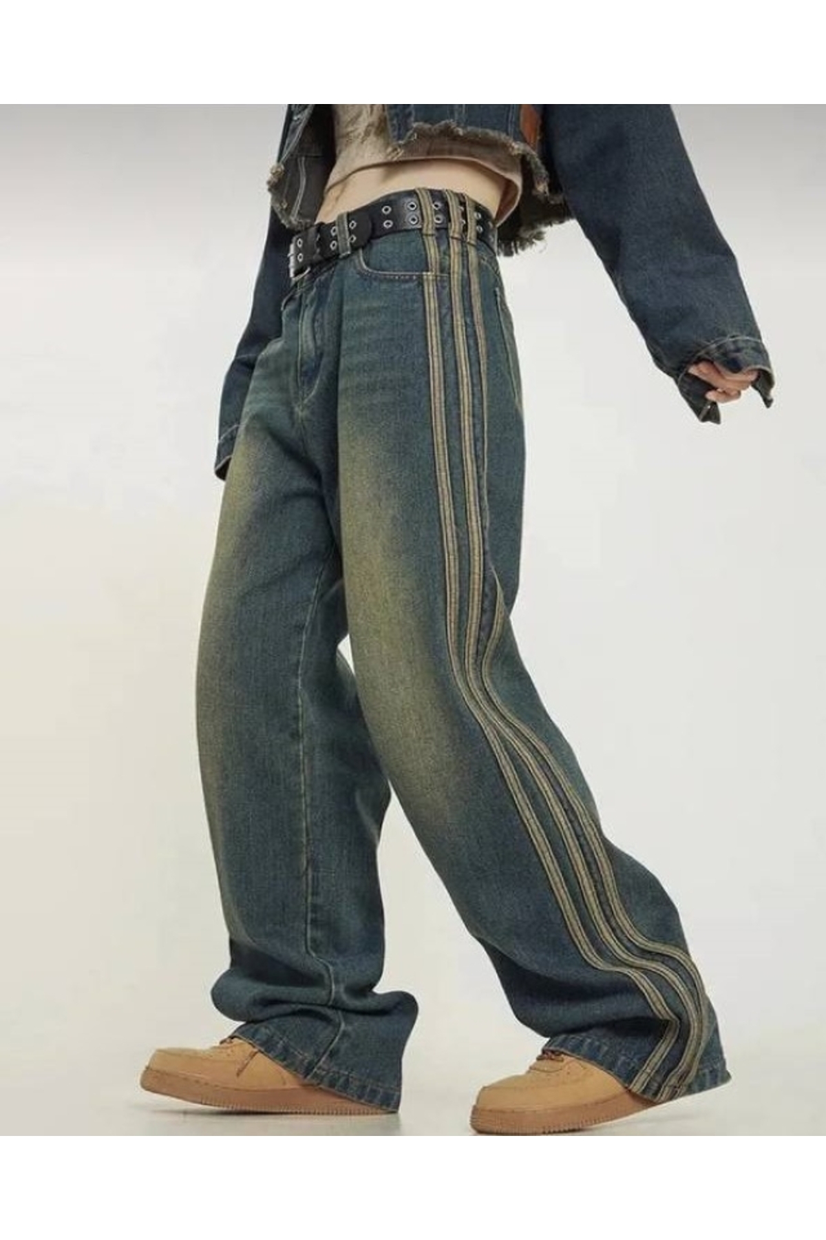 Eskitme Şerit Detaylı Mavi Baggy jean