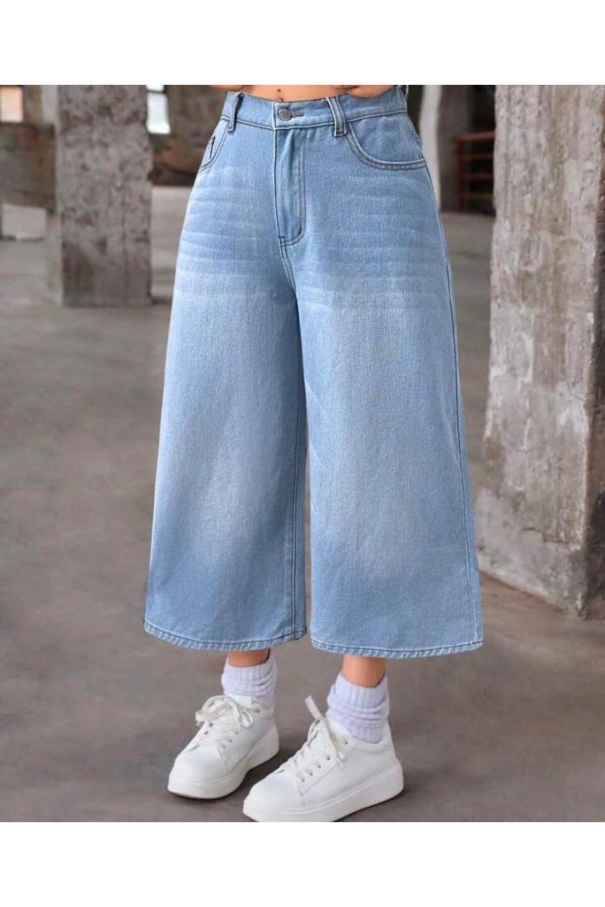 Unisex Vintage Yıkamalı Retro Kalıp Baggy Jean Kapri Bermuda