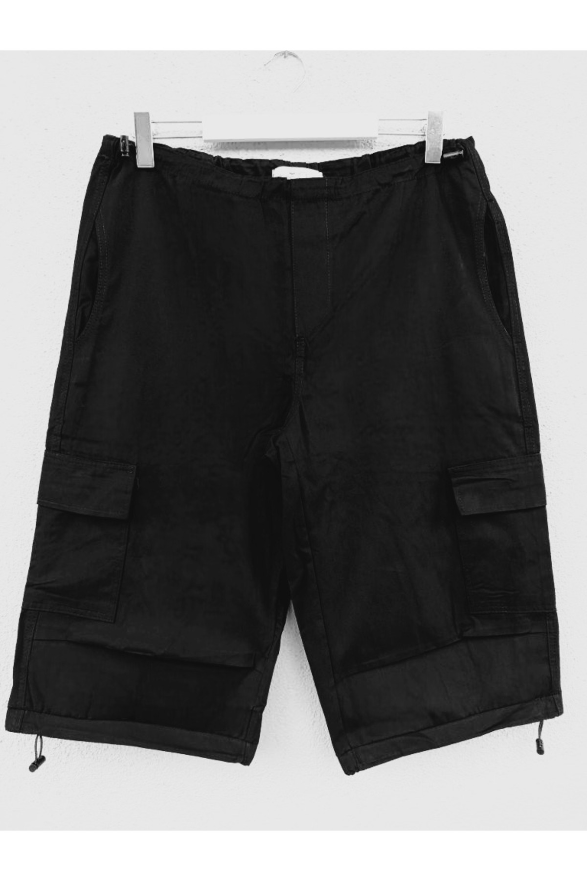 Unisex Siyah Gabardin Kumaş Kargo Cep Bel Paça Lastikli Kapri Diz Altı