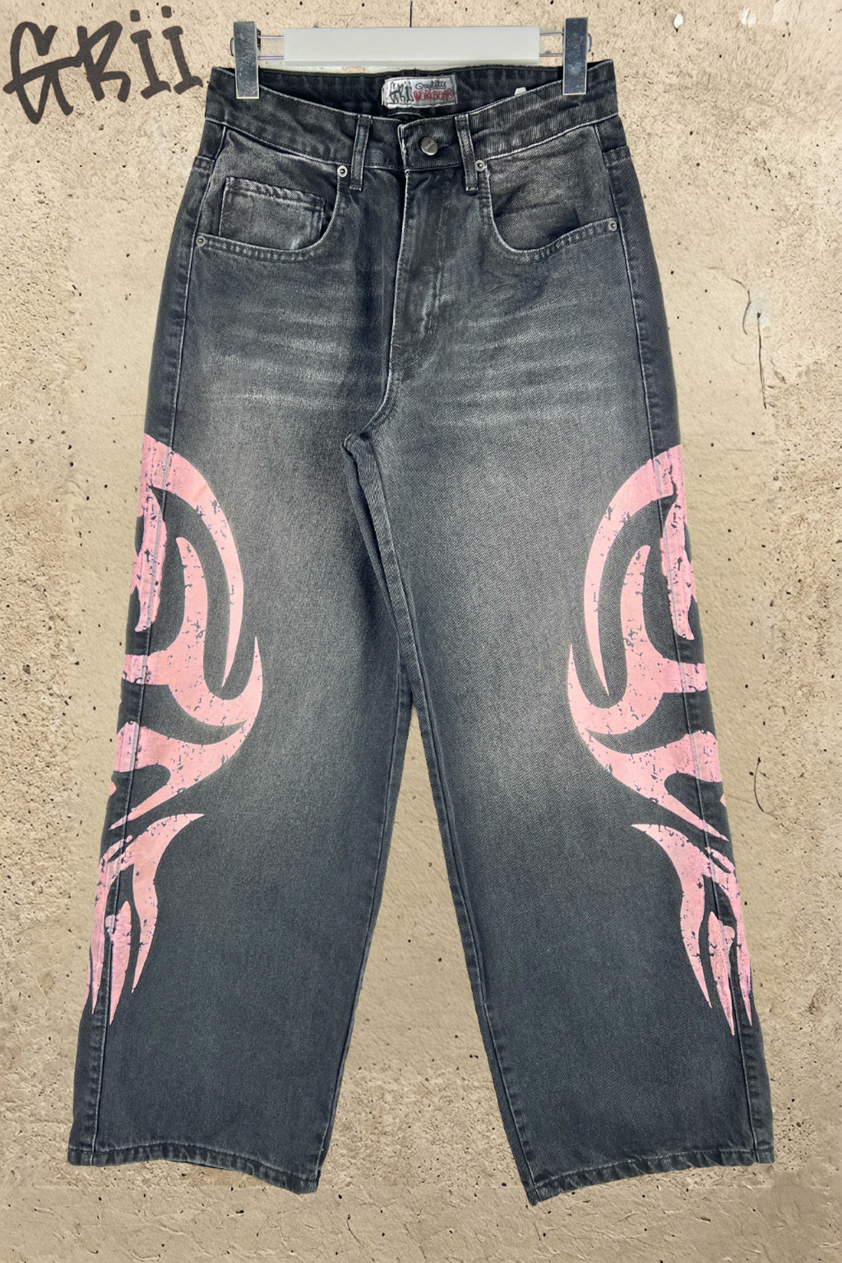 Unisex Baggy Jean Tribal Baskılı Geniş Paça Kot Pantolon (Sökülmez Kaliteli Baskılı)