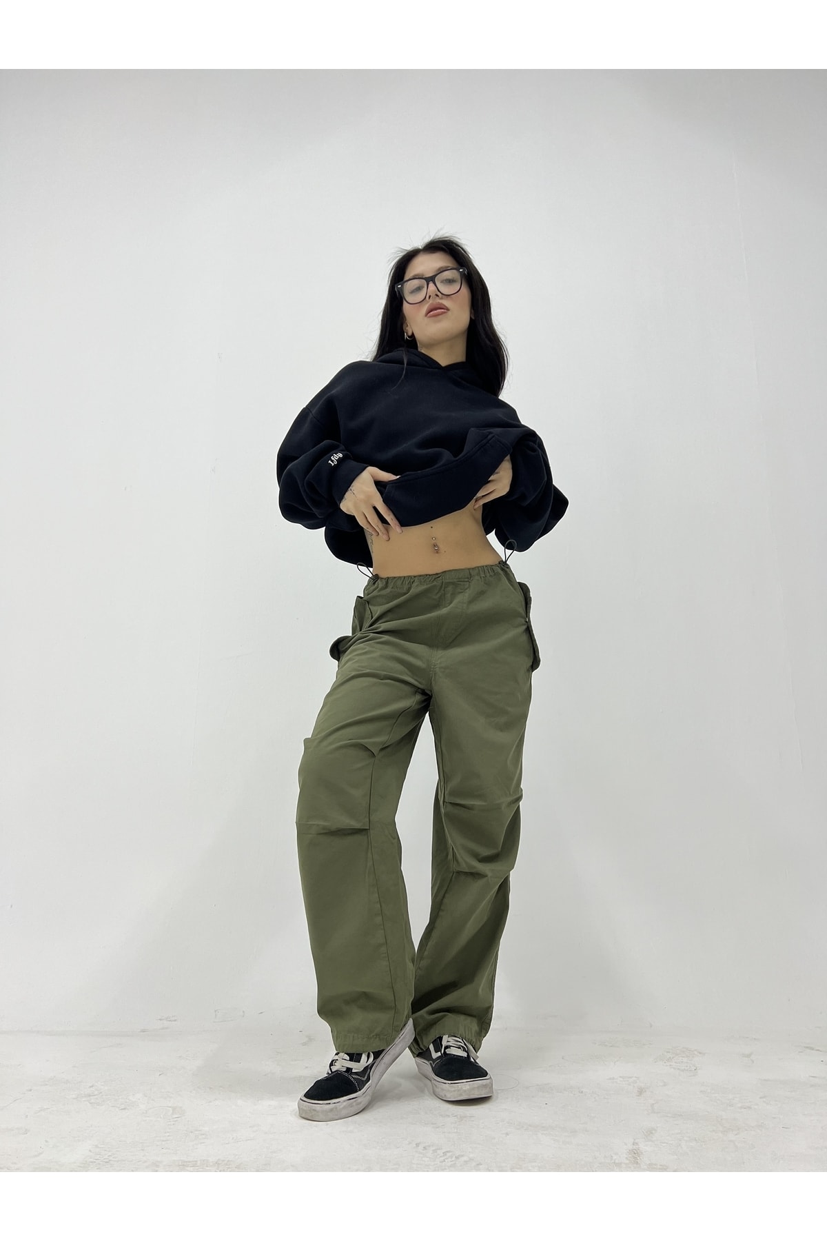 Beli Paçası Ayarlanabilir Lastikli Haki Yeşil Paraşüt Pantolon Iı Unisex Baggy Tactical Parachute ,