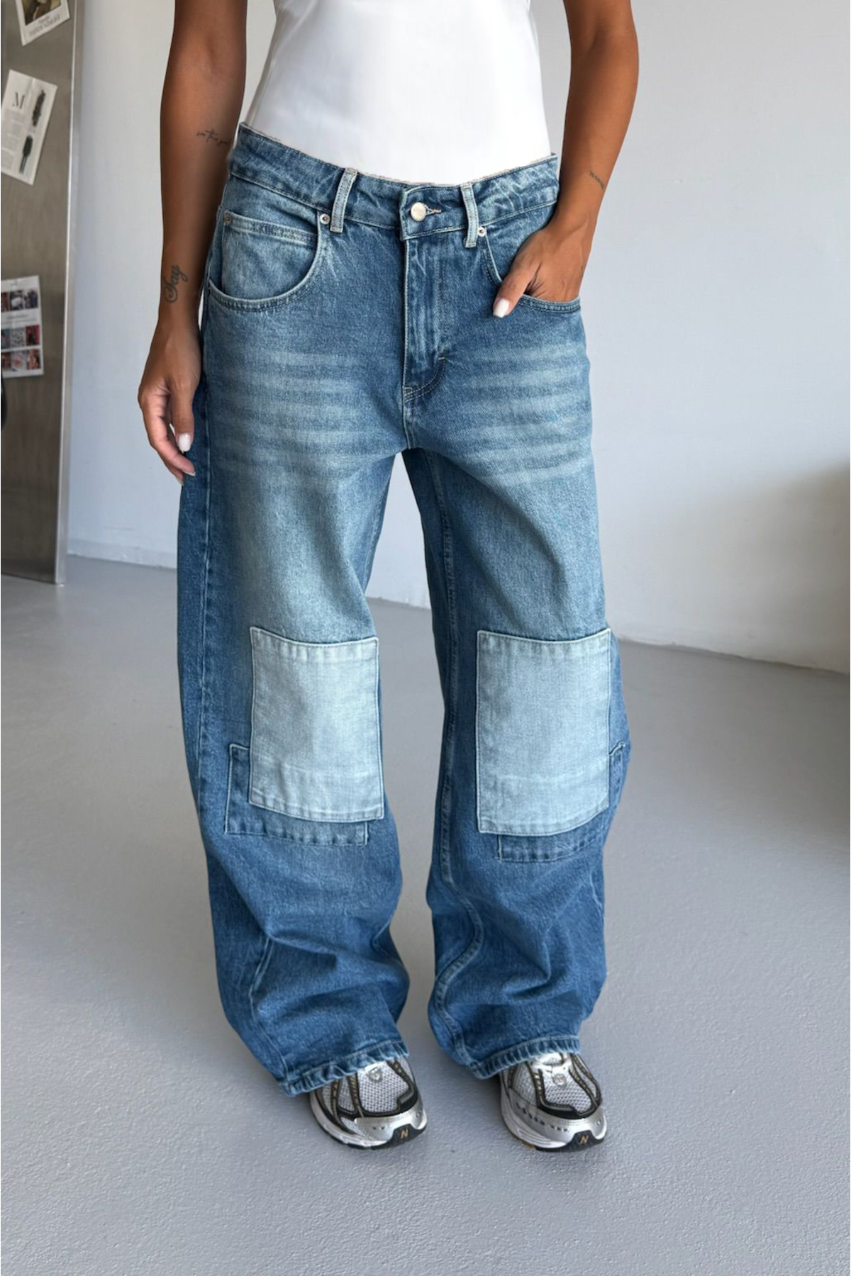 Unisex Cargo Patch Wide Jean Diz Yamalı Bol Relaxed Pantolon