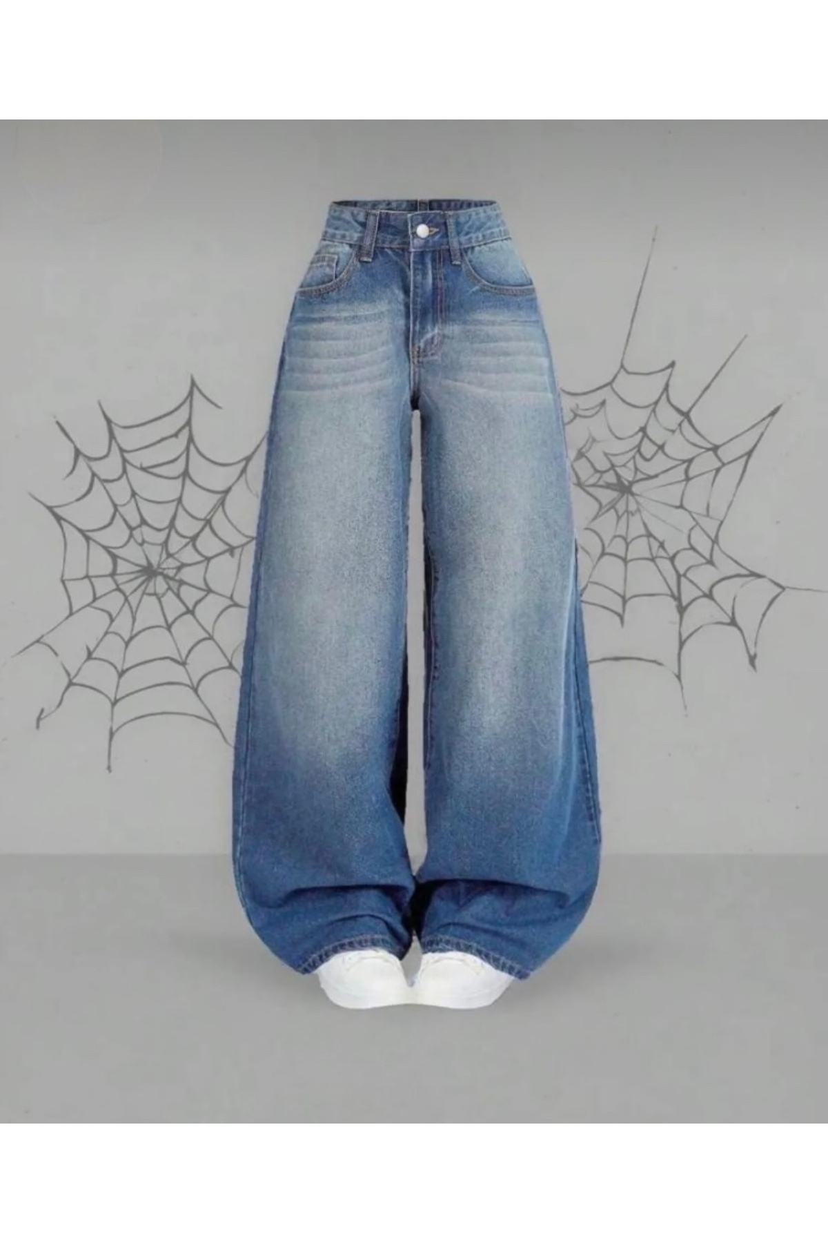 Mavi Yıkamalı Bol Paça Baggy Jean Pantolon Rotro