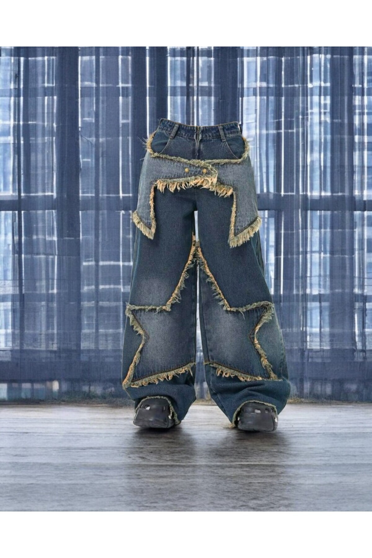 Y2k Unisex Büyük Yıldız Çıt Çıt Kapalı İki Kademeli Baggy Bol Paça Jean