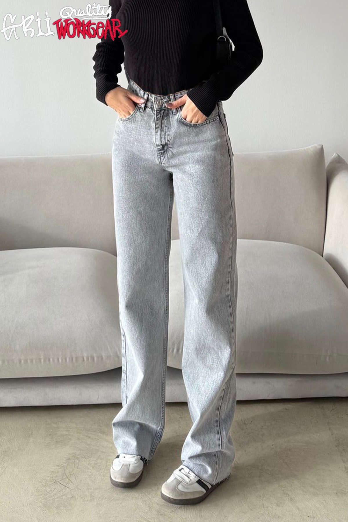 Açık Gri Vintage Straight Jean Kesik Paça Uzun