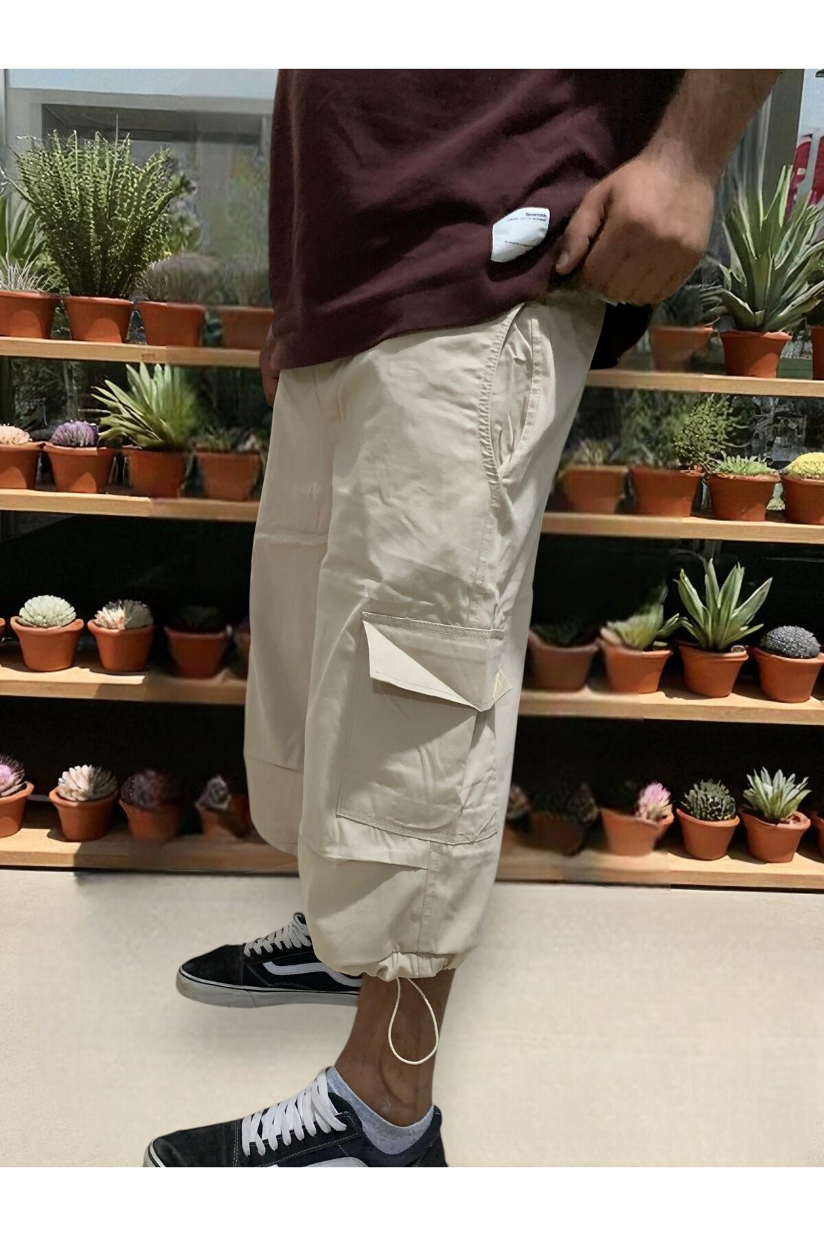 Unisex Bej Gabardin Kumaş Kargo Cep Bel Paça Lastikli Kapri Diz Altı