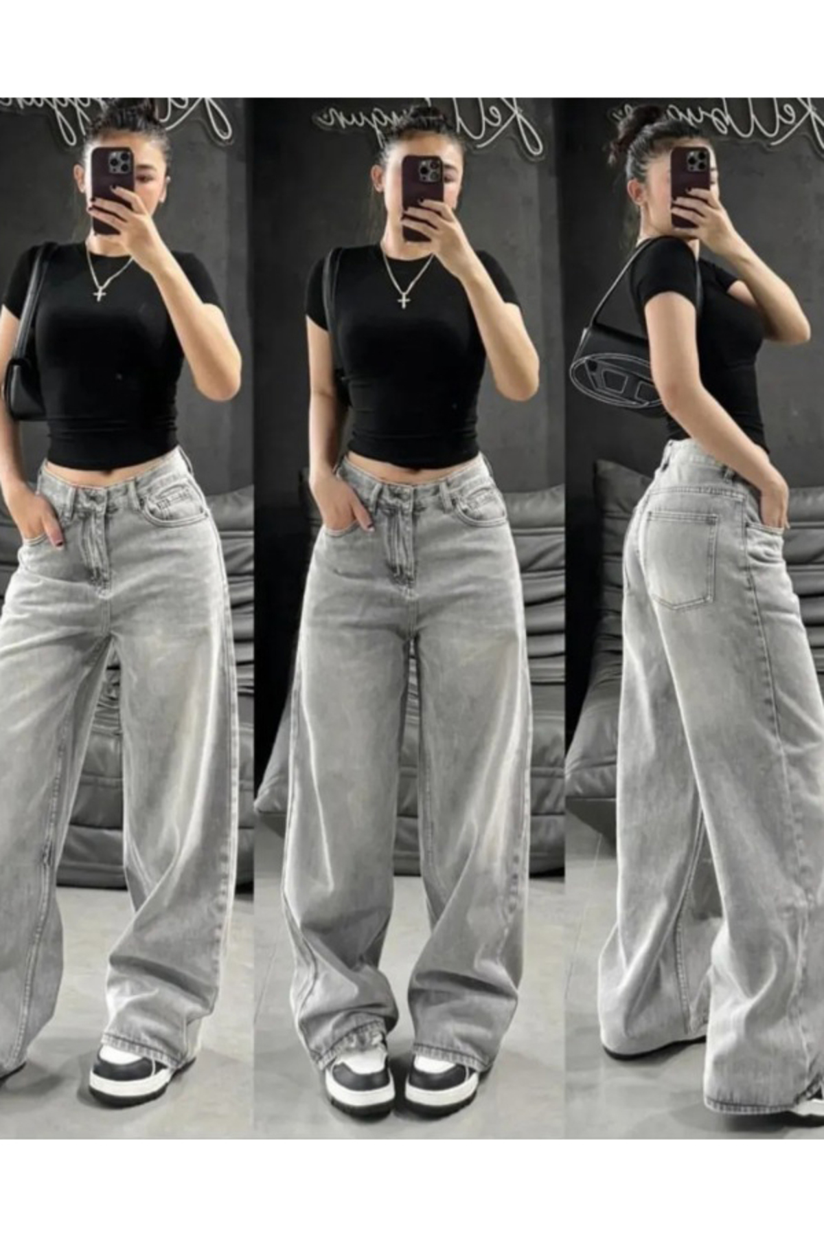 Unisex Gri Jean Vintage Extra Bol Baggy Pantolon