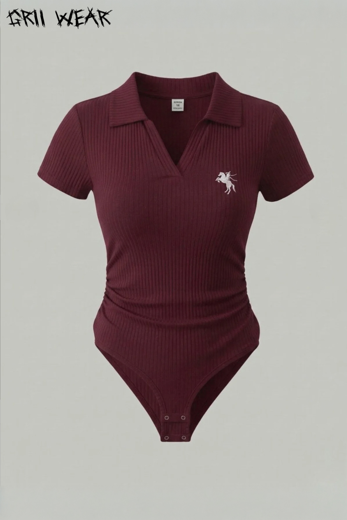 Polo Yaka Bodycone Nakış Detaylı Ribana Fitilli Likralı/Esnek Çıtçıtlı Body Zıbın