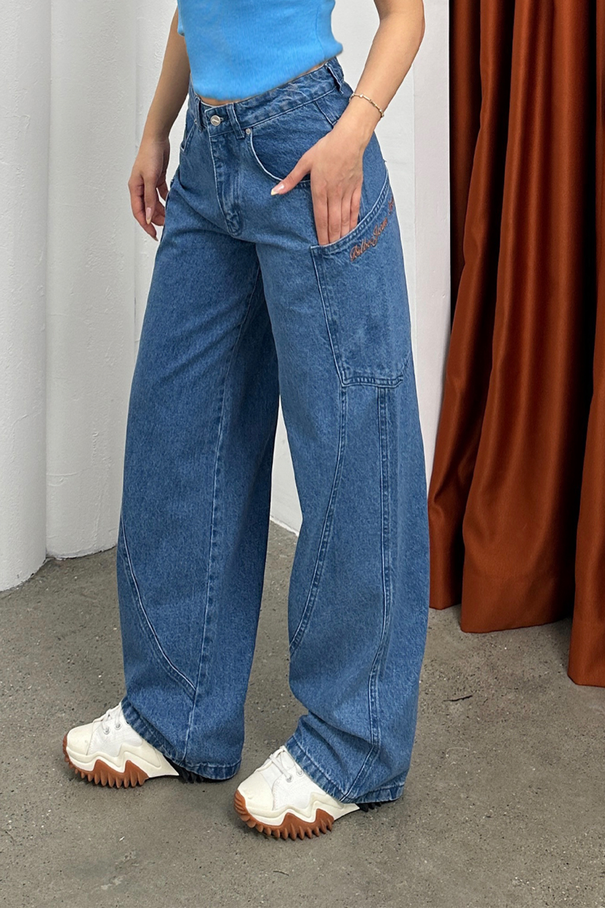 Y2K Street Bol Paça Denim Pantolon Cep Dikiş Detay Pantolon
