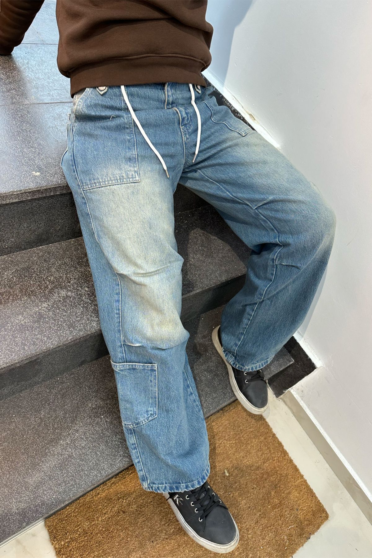 Unisex Venedik Jean Ayarlanabilir Bel Paça Cep Detay Pantolon